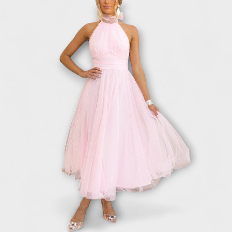 Pearlina - Elegant High Neck Mesh Dress