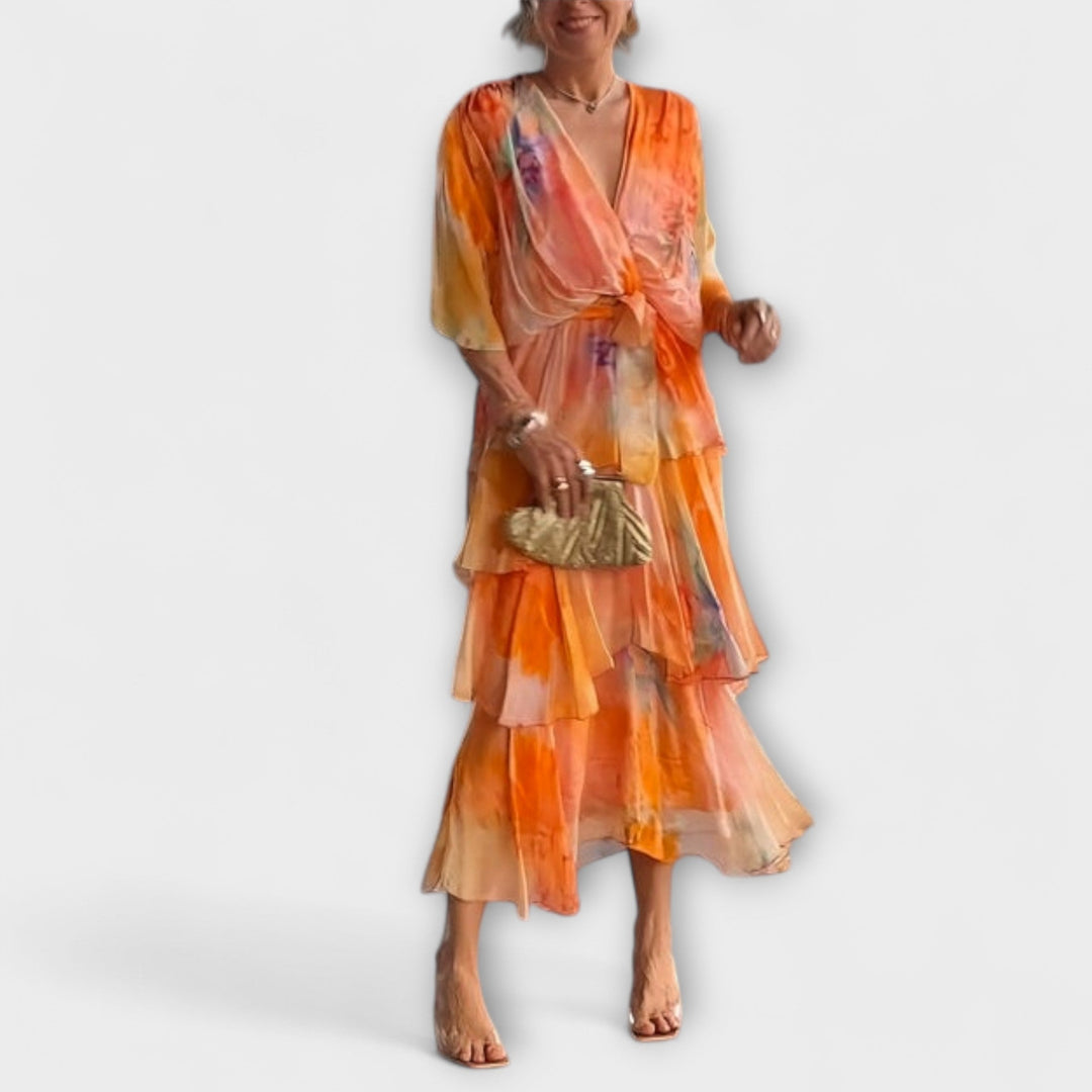 Nysa - Tiered Chiffon Dress with Spring Floral Print