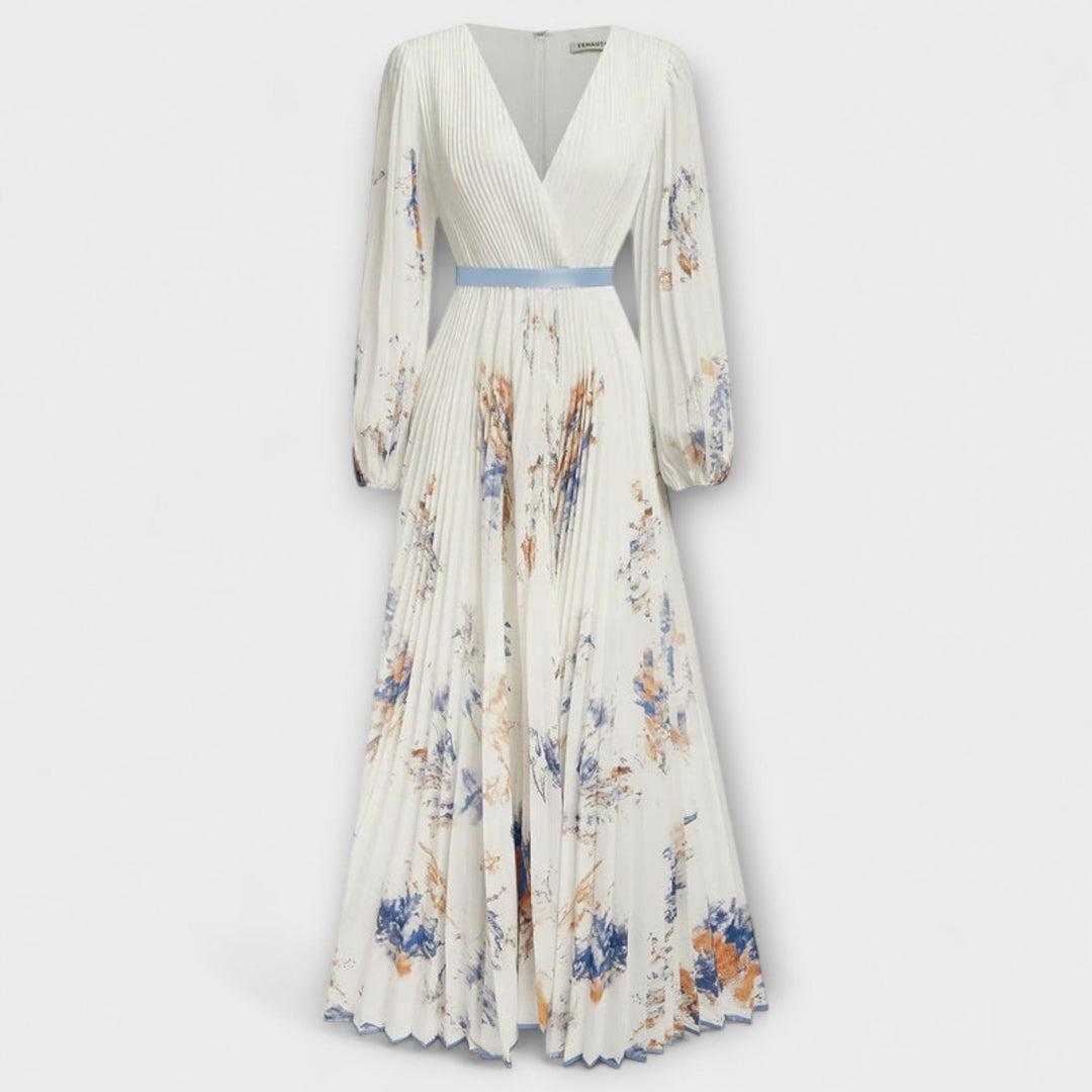 Halston - Chic V-Neck Maxi Dress with Puff Sleeves