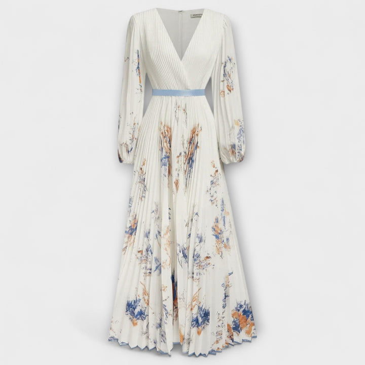 Halston - Chic V-Neck Maxi Dress with Puff Sleeves