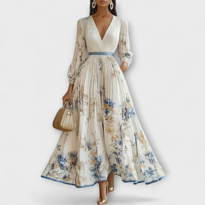 Halston - Chic V-Neck Maxi Dress with Puff Sleeves