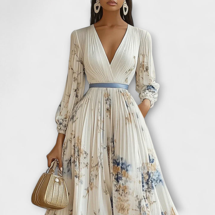 Halston - Chic V-Neck Maxi Dress with Puff Sleeves