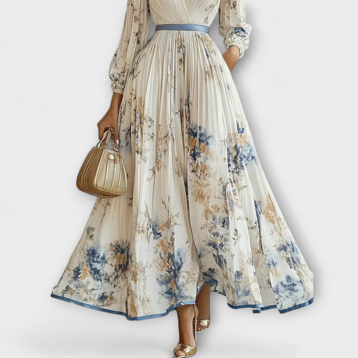 Halston - Chic V-Neck Maxi Dress with Puff Sleeves