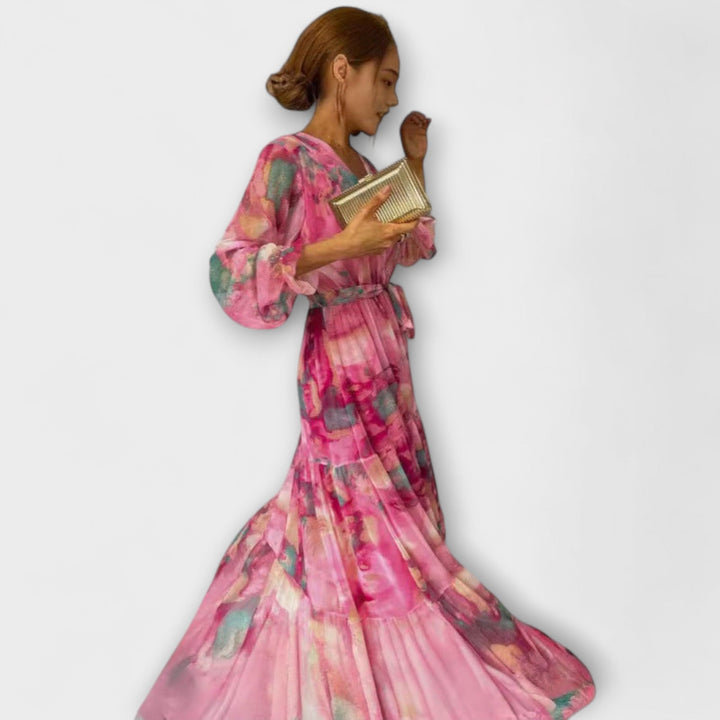 Trinity - Bohemian Pleated V-Neck Maxi Dress