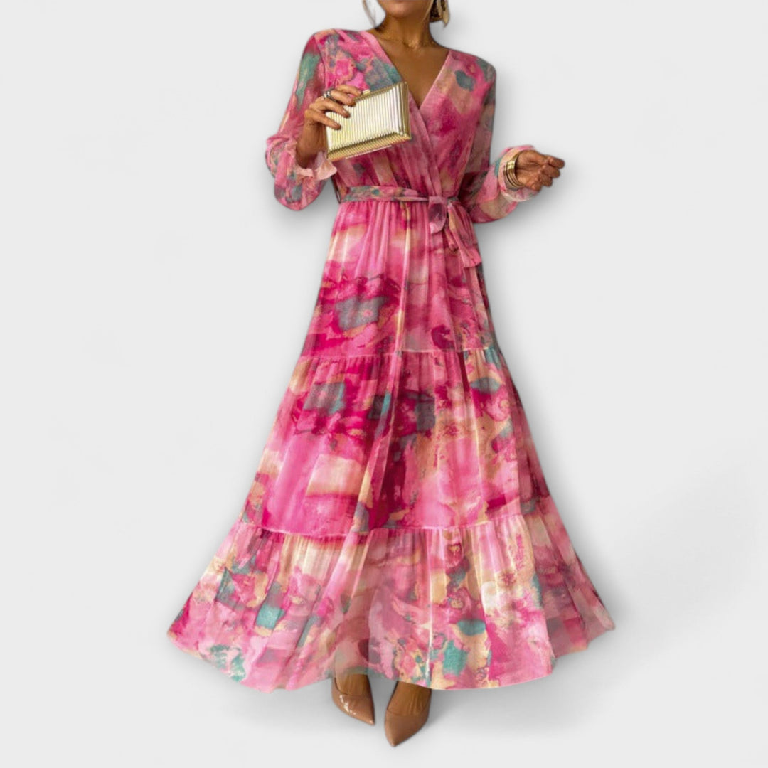 Trinity - Bohemian Pleated V-Neck Maxi Dress