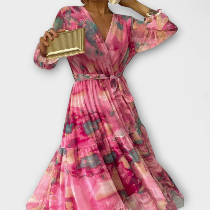 Trinity - Bohemian Pleated V-Neck Maxi Dress