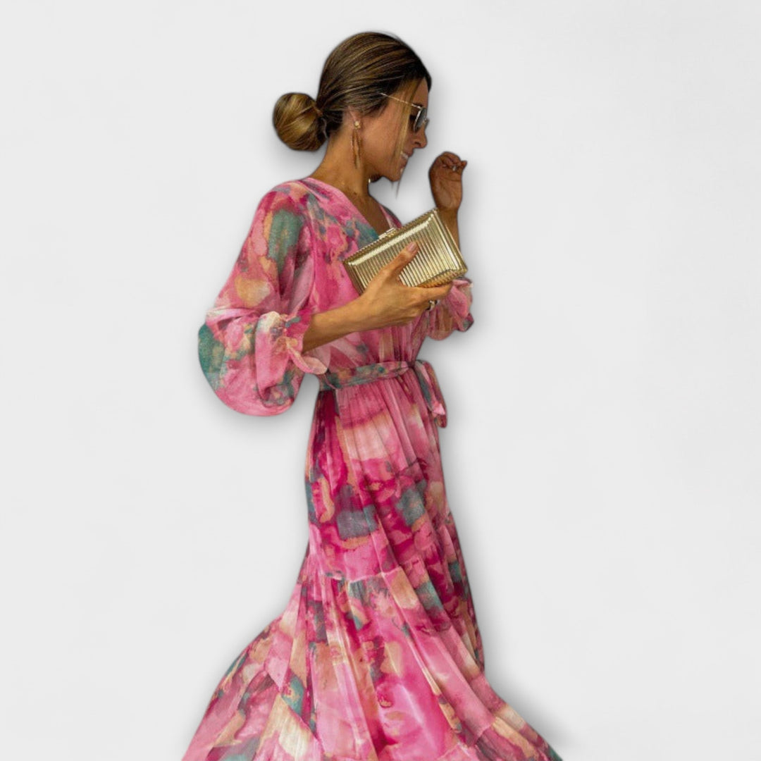 Trinity - Bohemian Pleated V-Neck Maxi Dress