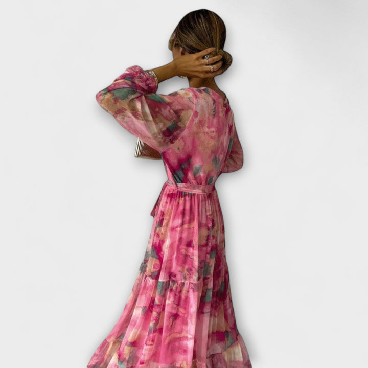 Trinity - Bohemian Pleated V-Neck Maxi Dress