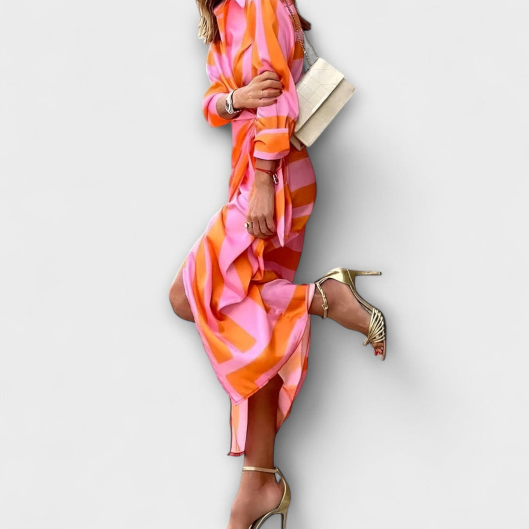 Olivia – Floral Print Waist-Defining Shirt Dress