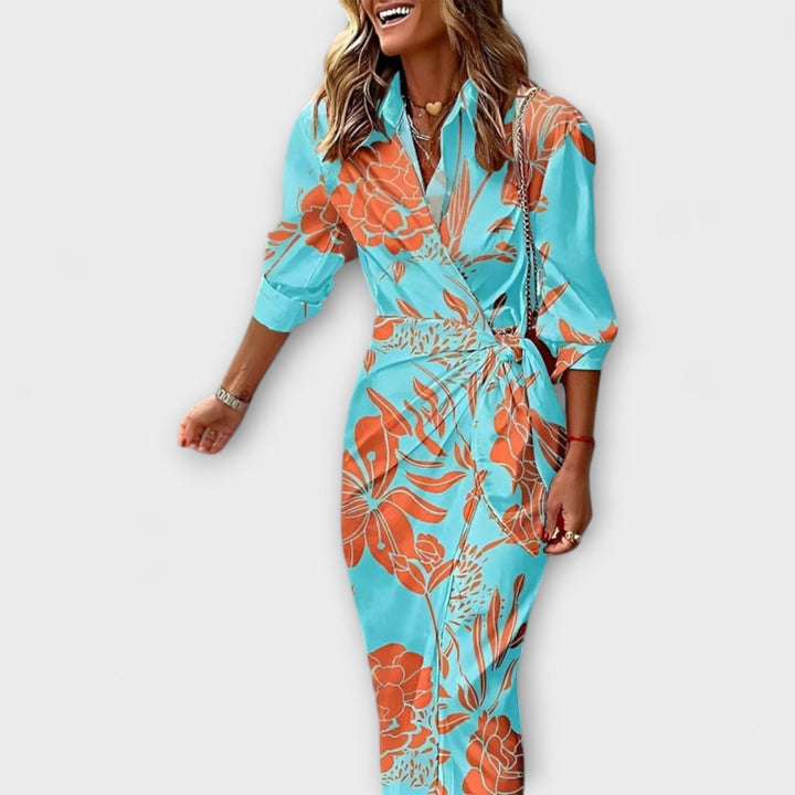 Olivia – Floral Print Waist-Defining Shirt Dress
