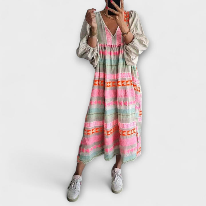 Ziggy - Retro V-Neck Puff Sleeve Maxi Dress
