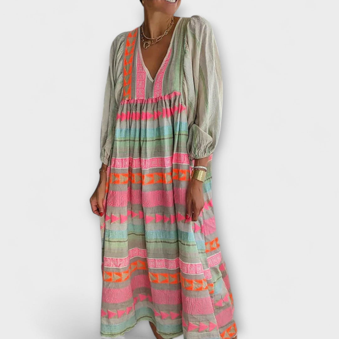 Ziggy - Retro V-Neck Puff Sleeve Maxi Dress