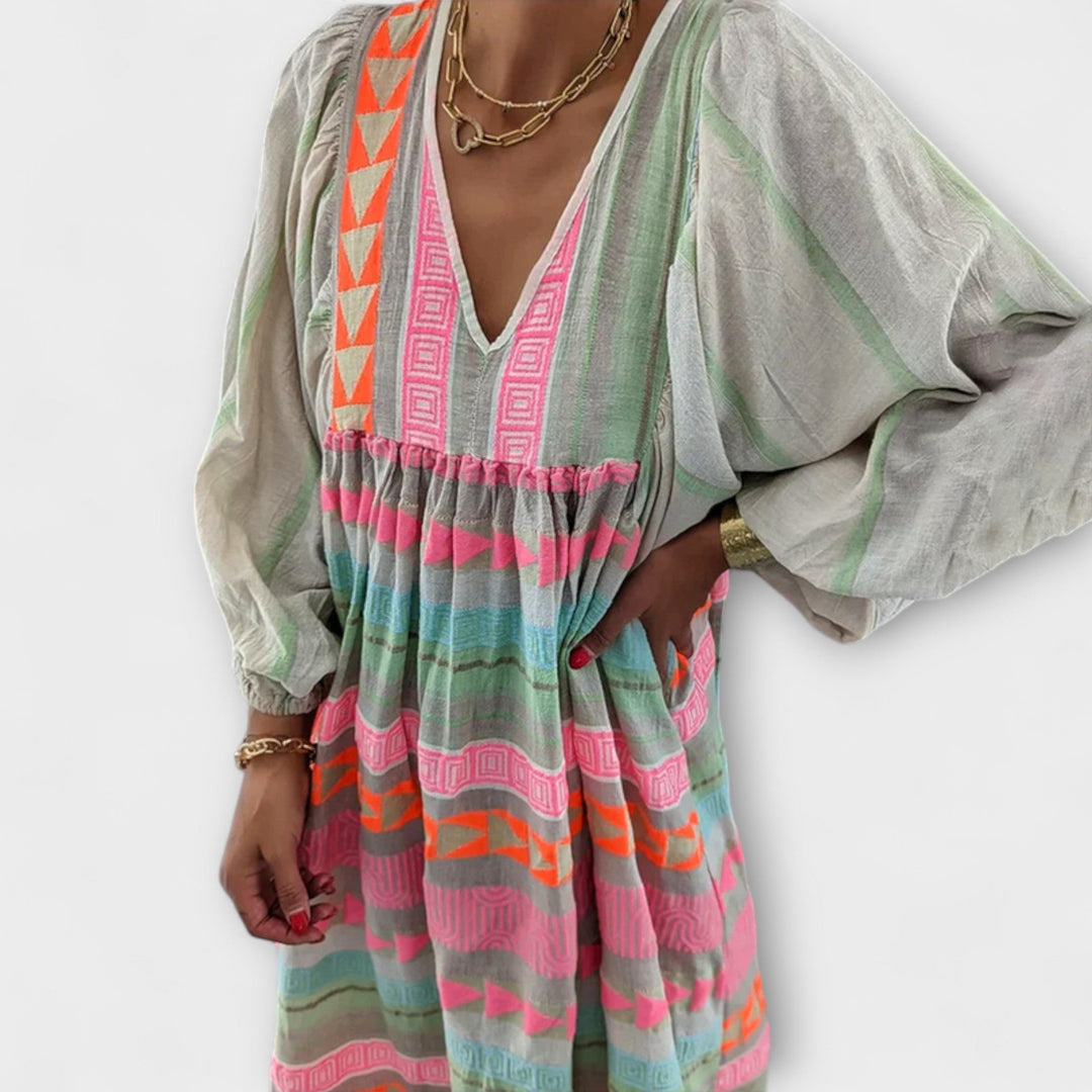 Ziggy - Retro V-Neck Puff Sleeve Maxi Dress