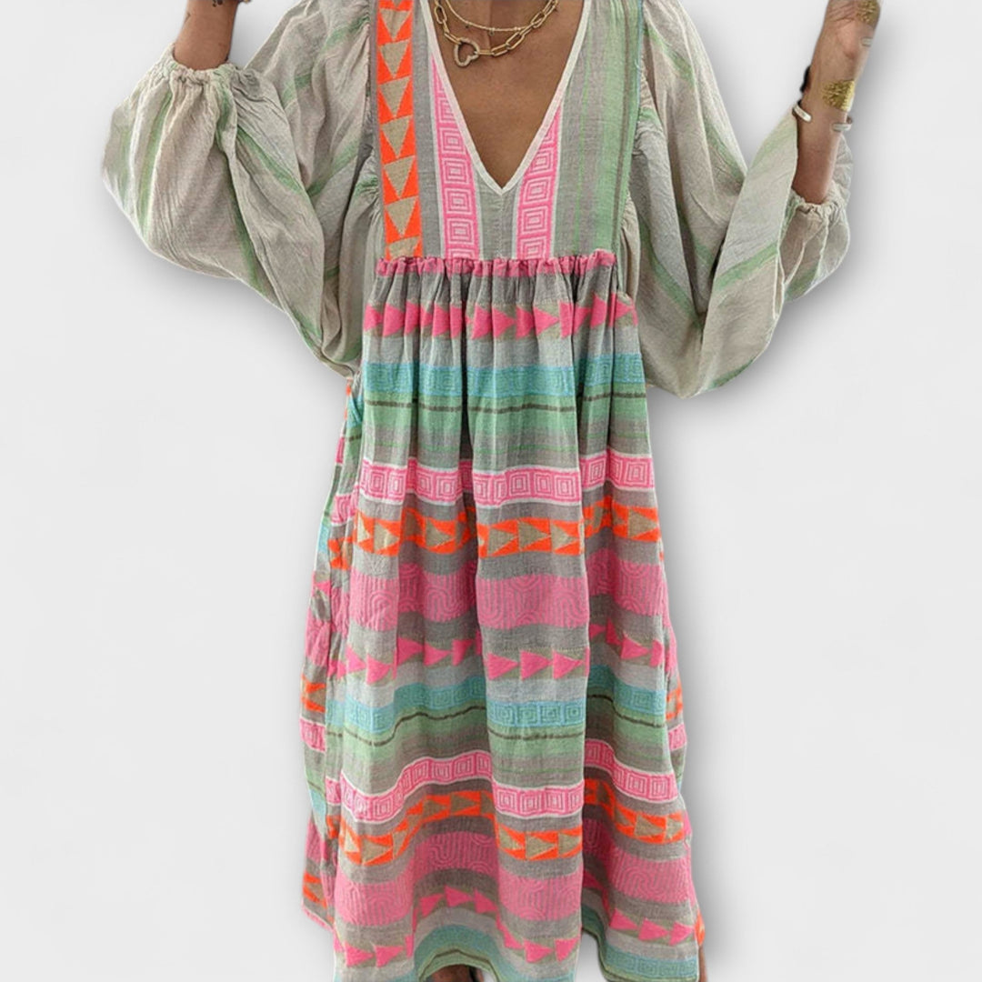 Ziggy - Retro V-Neck Puff Sleeve Maxi Dress