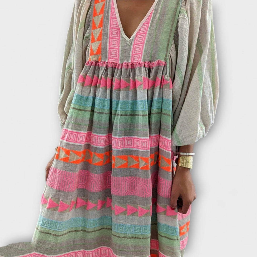Ziggy - Retro V-Neck Puff Sleeve Maxi Dress