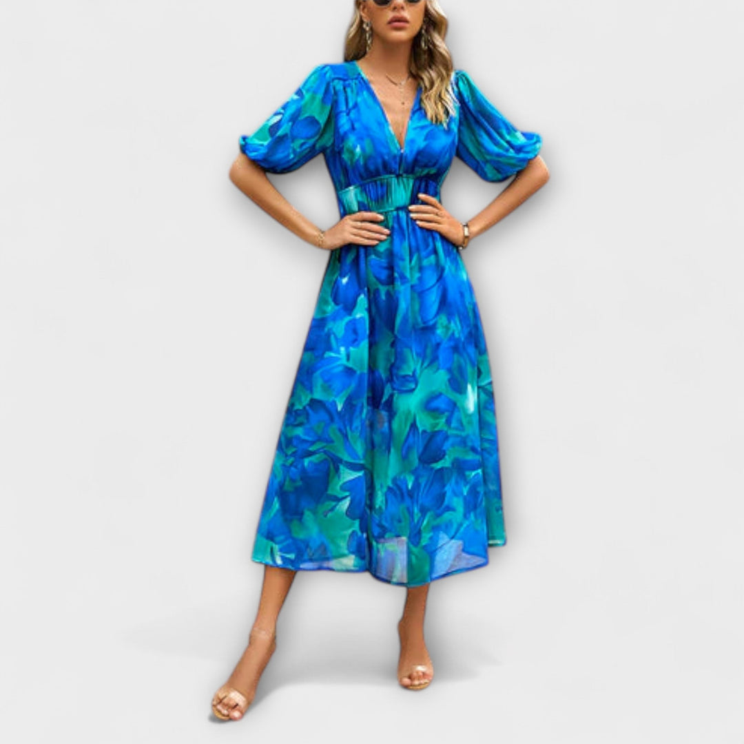 Everly - Retro Glam Midi Dress with Lantern Sleeves