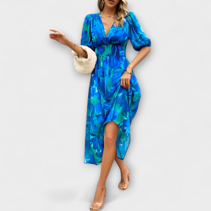Everly - Retro Glam Midi Dress with Lantern Sleeves