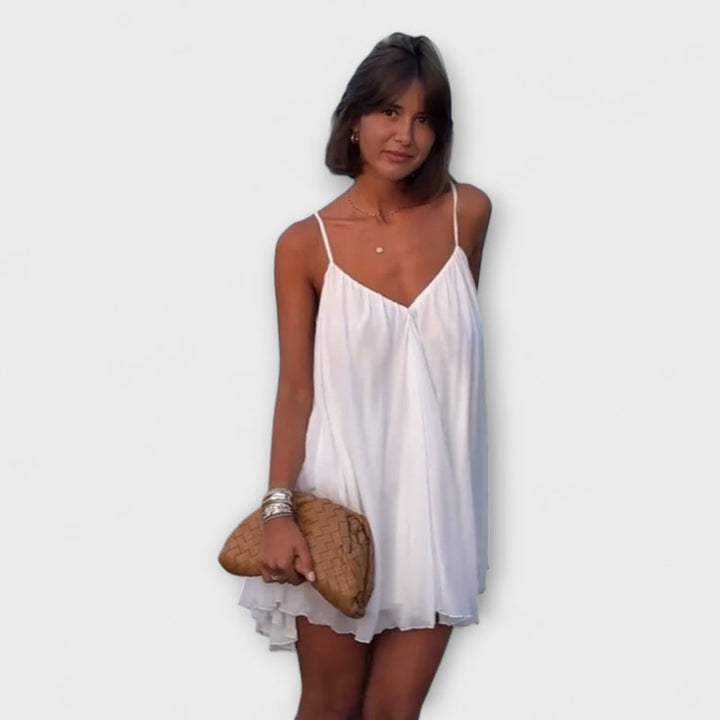 Olive - Green Pleated V-Neck Mini Dress for the Beach