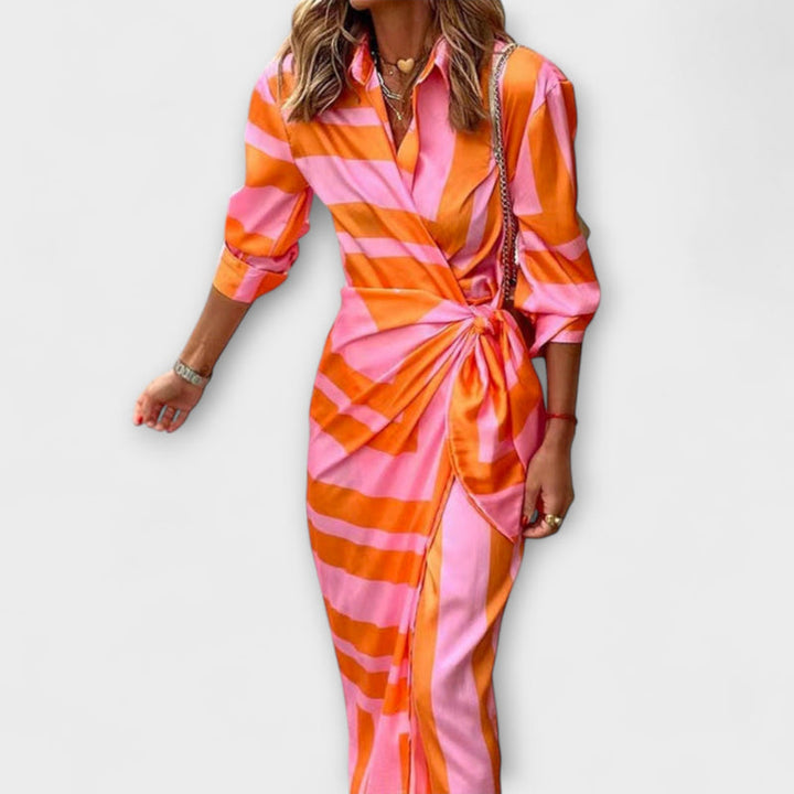 Clarissa - Striped Midi Dress with Shirt Design