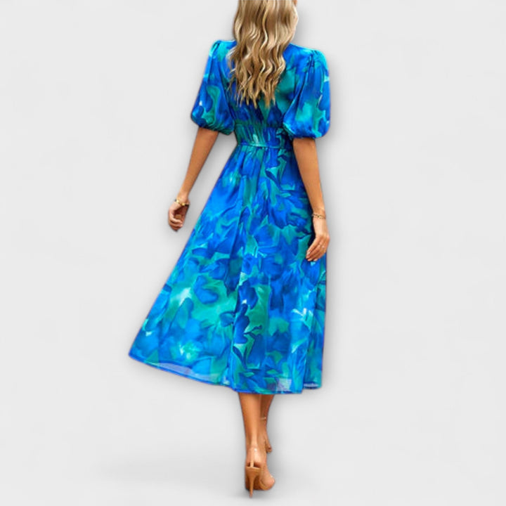 Everly - Retro Glam Midi Dress with Lantern Sleeves