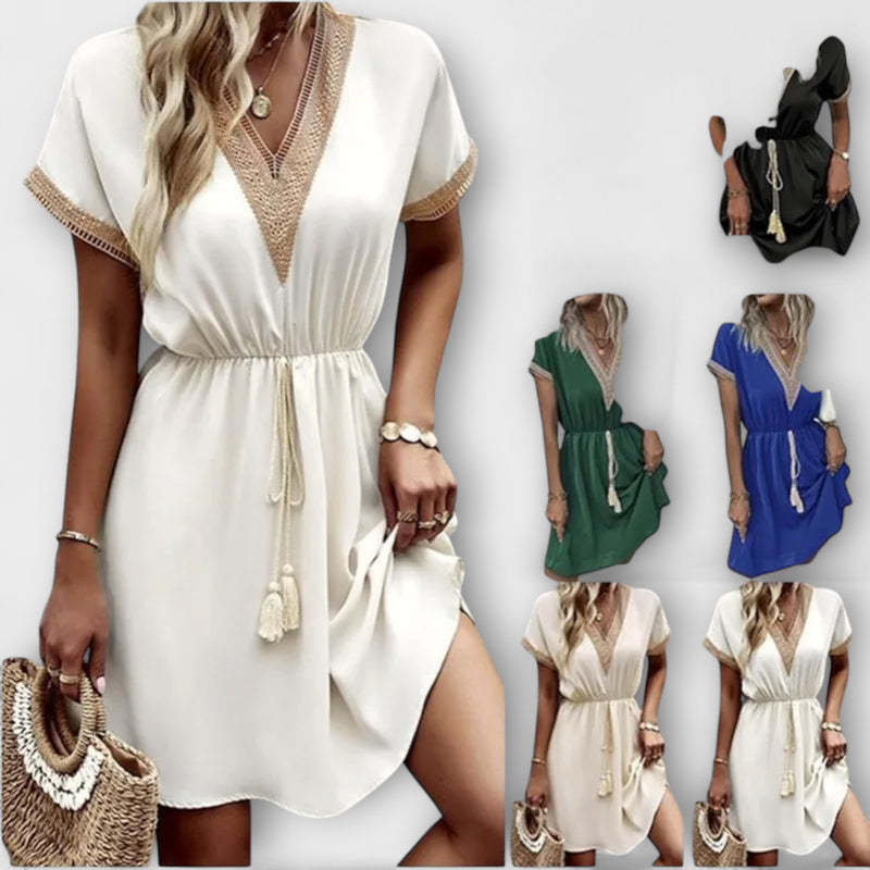 Josephine - Stylish V-Neck Bohemian Dress with Elegant Waist Tie