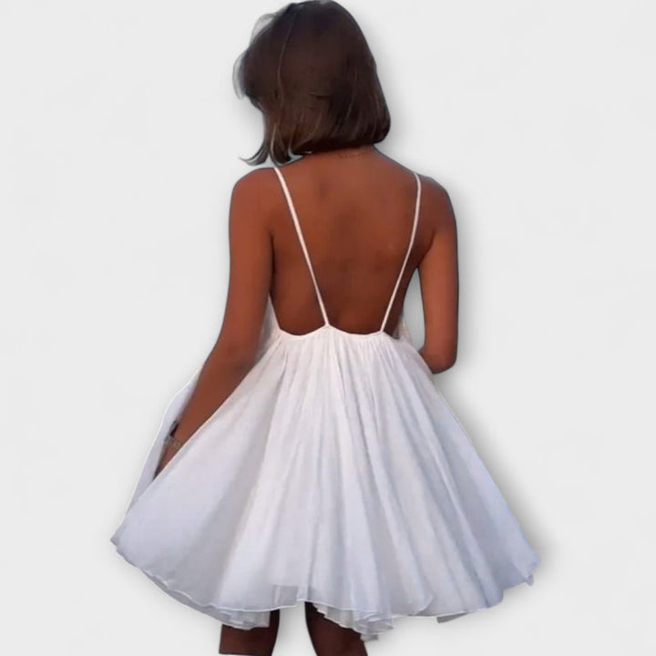 Olive - Green Pleated V-Neck Mini Dress for the Beach