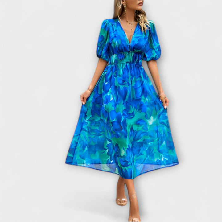 Everly - Retro Glam Midi Dress with Lantern Sleeves