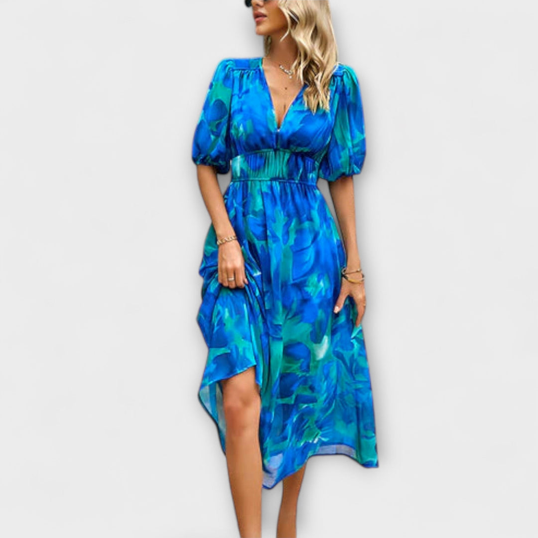 Everly - Retro Glam Midi Dress with Lantern Sleeves