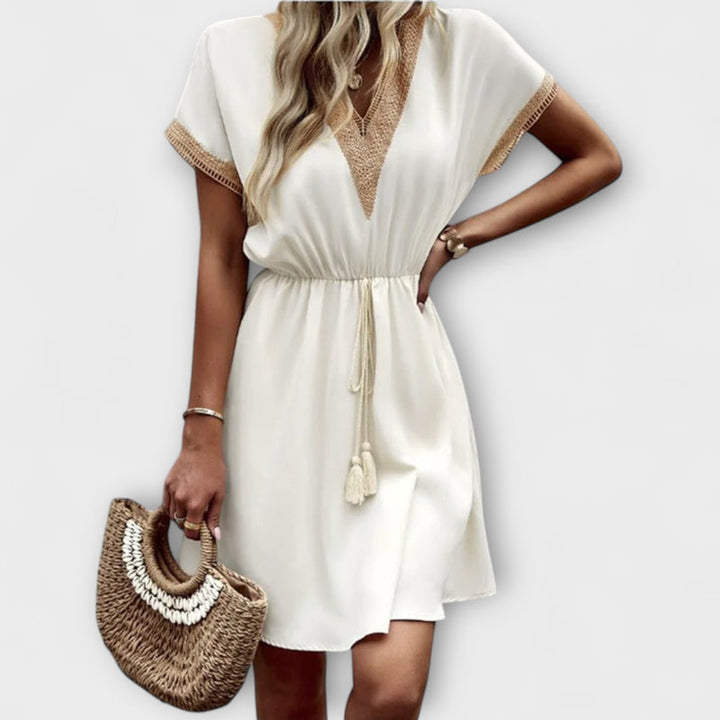 Josephine - Stylish V-Neck Bohemian Dress with Elegant Waist Tie