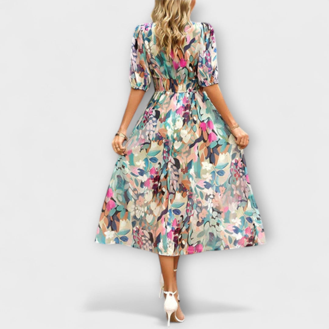 Everly - Retro Glam Midi Dress with Lantern Sleeves