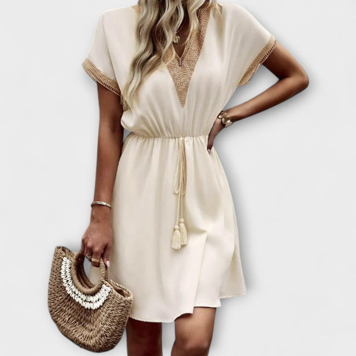 Josephine - Stylish V-Neck Bohemian Dress with Elegant Waist Tie