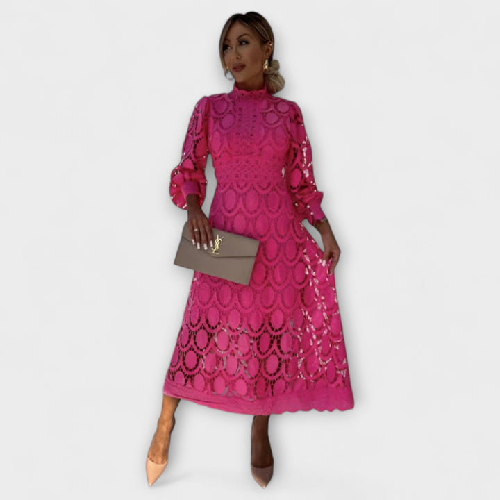 Lennon - Women's Long Dress with Stand Collar and Cut-Out Design