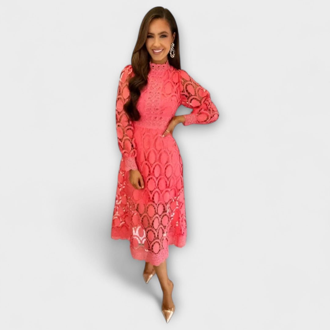 Lennon - Women's Long Dress with Stand Collar and Cut-Out Design