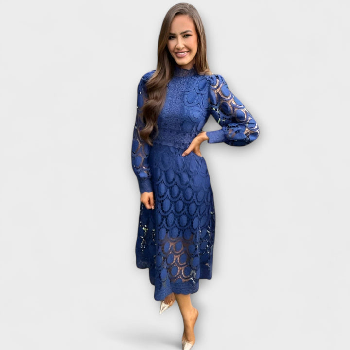 Lennon - Women's Long Dress with Stand Collar and Cut-Out Design