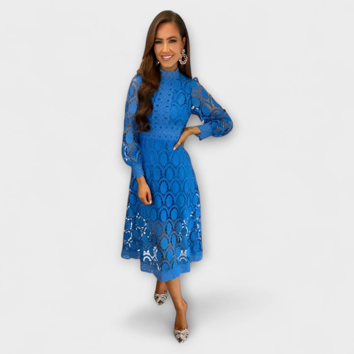 Lennon - Women's Long Dress with Stand Collar and Cut-Out Design