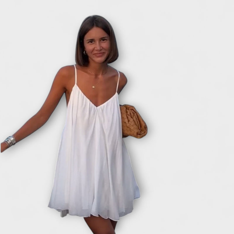 Olive - Green Pleated V-Neck Mini Dress for the Beach