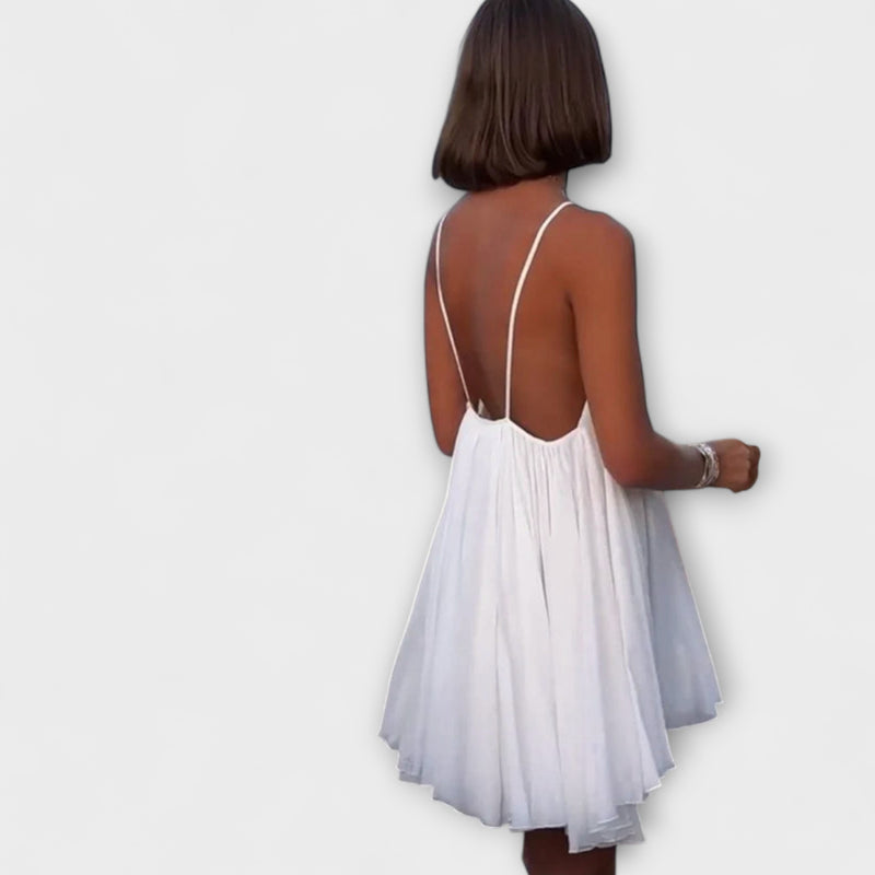 Olive - Green Pleated V-Neck Mini Dress for the Beach