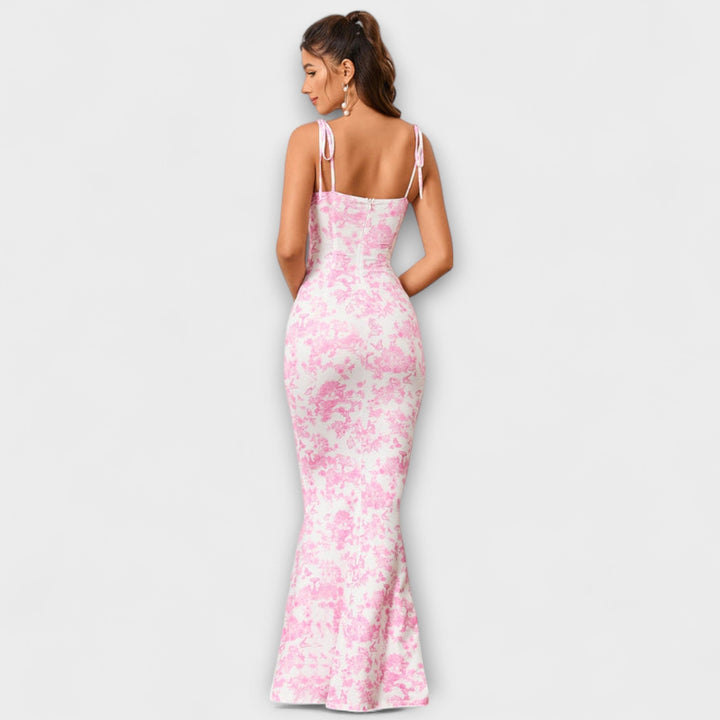 Thalia - Floral Print Prom Dress with Tied Shoulder Straps