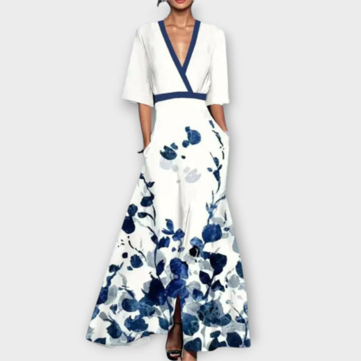 Ruby - Floral Maxi Dress with Belted V-Neck