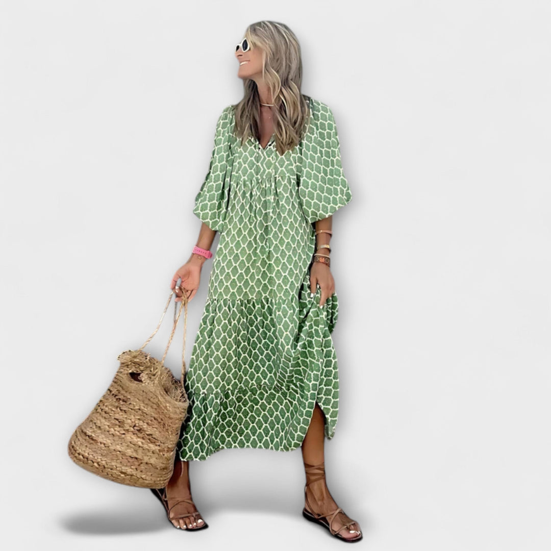 Cassandra - Women's High-Low Dress with Geometric Print