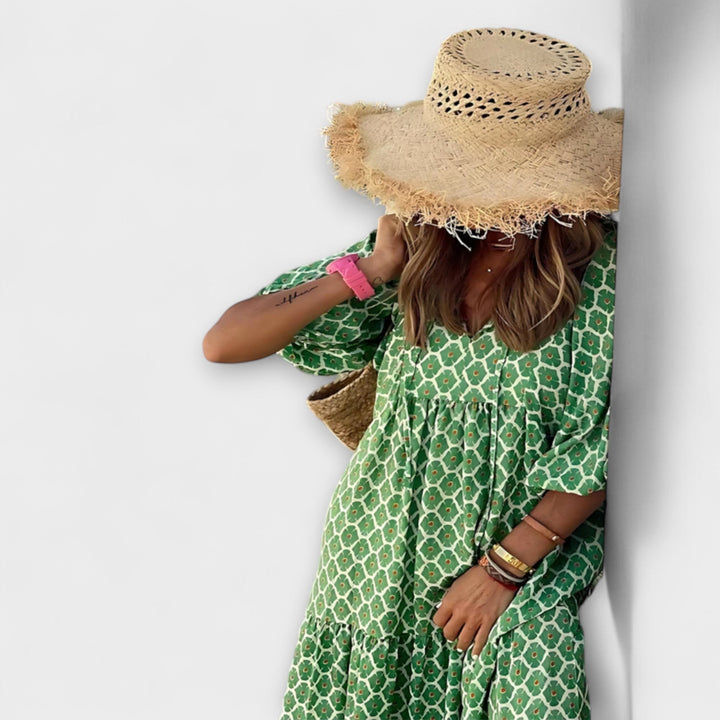 Cassandra - Women's High-Low Dress with Geometric Print