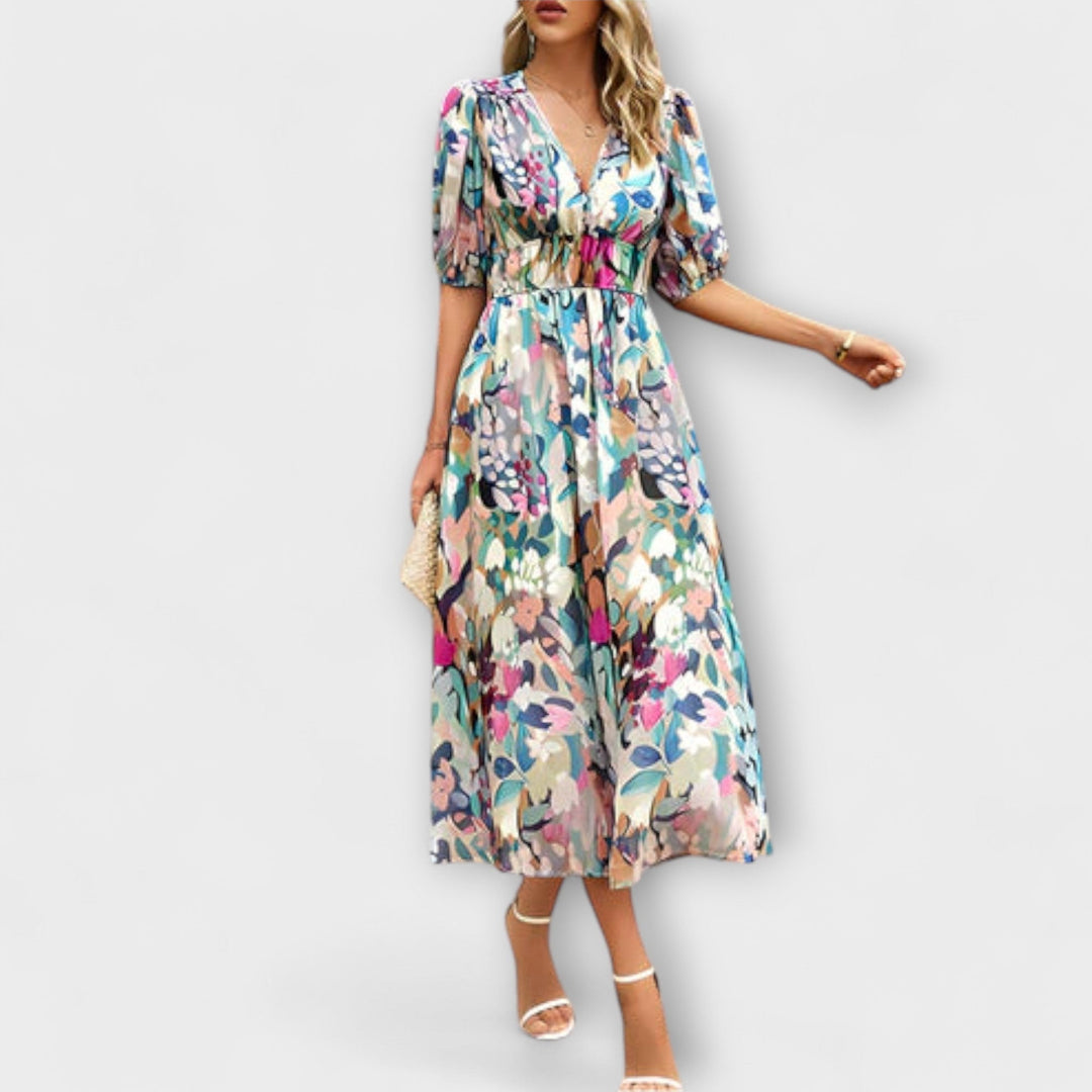 Everly - Retro Glam Midi Dress with Lantern Sleeves