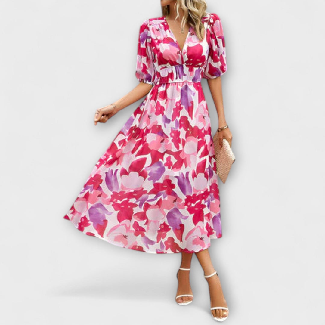 Everly - Retro Glam Midi Dress with Lantern Sleeves