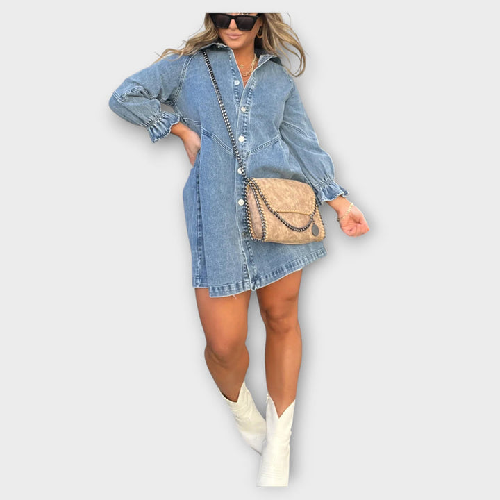 Galilea - Stylish Denim Midi Dress with Turn-Down Collar