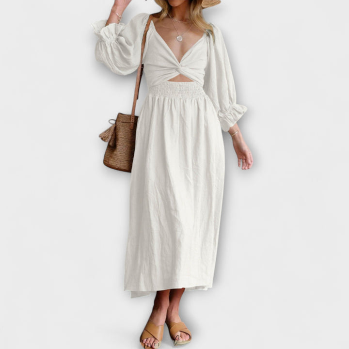 Aviana - Chic Reversible Maxi Dress with Puff Sleeves