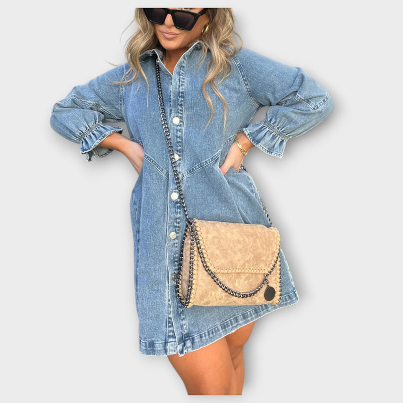 Galilea - Stylish Denim Midi Dress with Turn-Down Collar