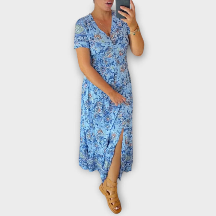 Ellie - Chic Floral V-Neck Dress with Pleated Hem