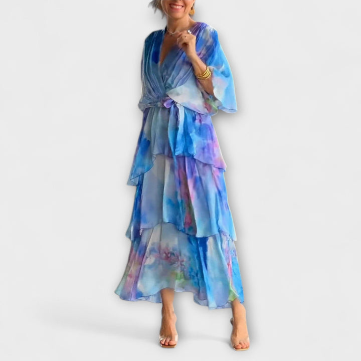 Nysa - Tiered Chiffon Dress with Spring Floral Print