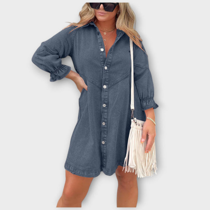 Galilea - Stylish Denim Midi Dress with Turn-Down Collar