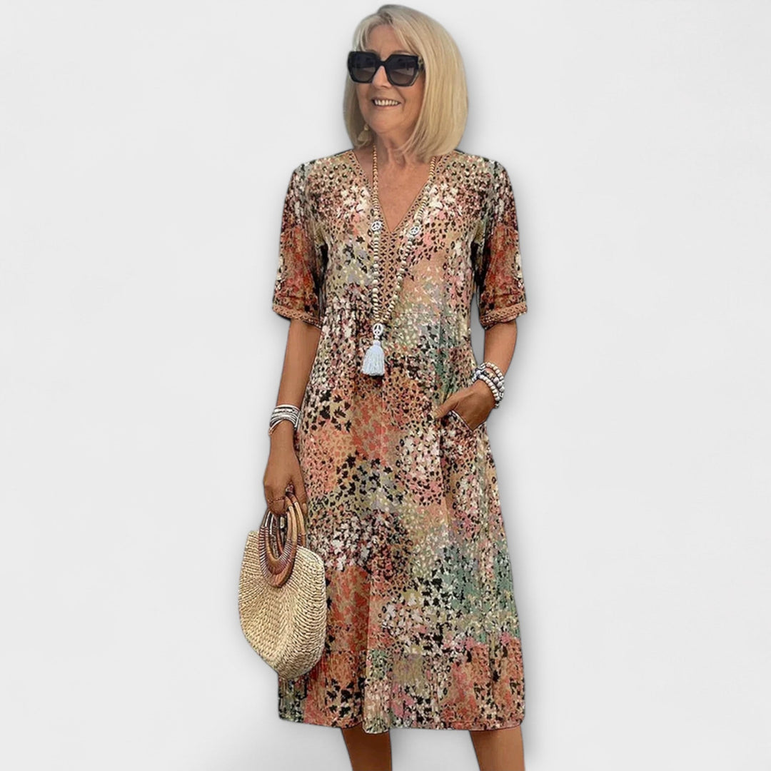 Danielle - Women's Colorful Midi Dress Featuring Convenient Pockets